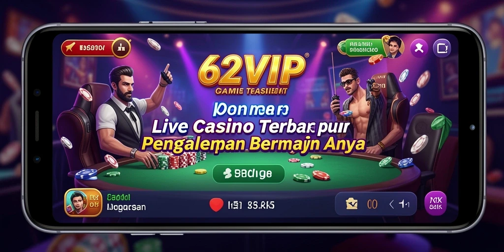 Tampilan gameplay seru dan interaktif dari 62VIP yang menampilkan dealer langsung.