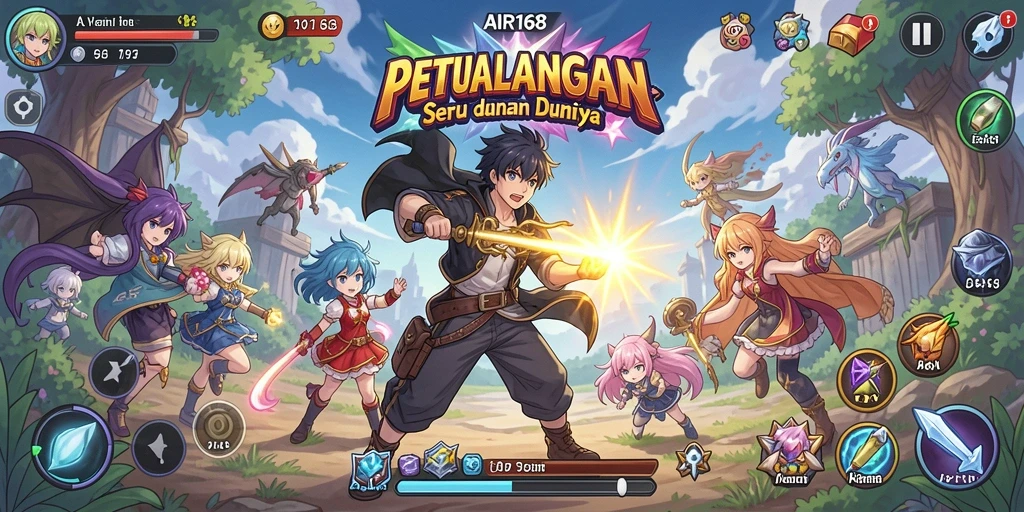 Tampilan gameplay AIR168 menunjukkan dunia anime yang penuh warna dan karakter menarik.