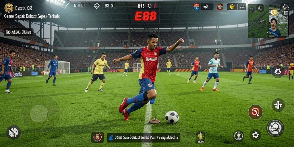 Tampilan gameplay E88 dengan aksi seru di lapangan sepak bola.
