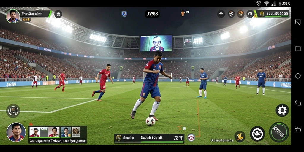 Tampilan gameplay spektakuler dalam JVS88, menunjukkan aksi sepak bola yang intens.