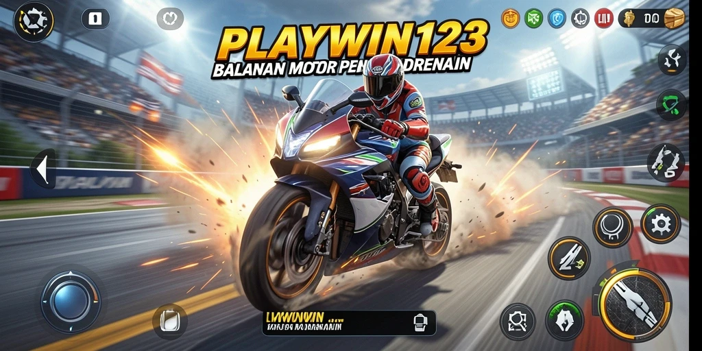 Screenshot dari gameplay PLAYWIN123 yang menampilkan aksi balapan motor yang seru.