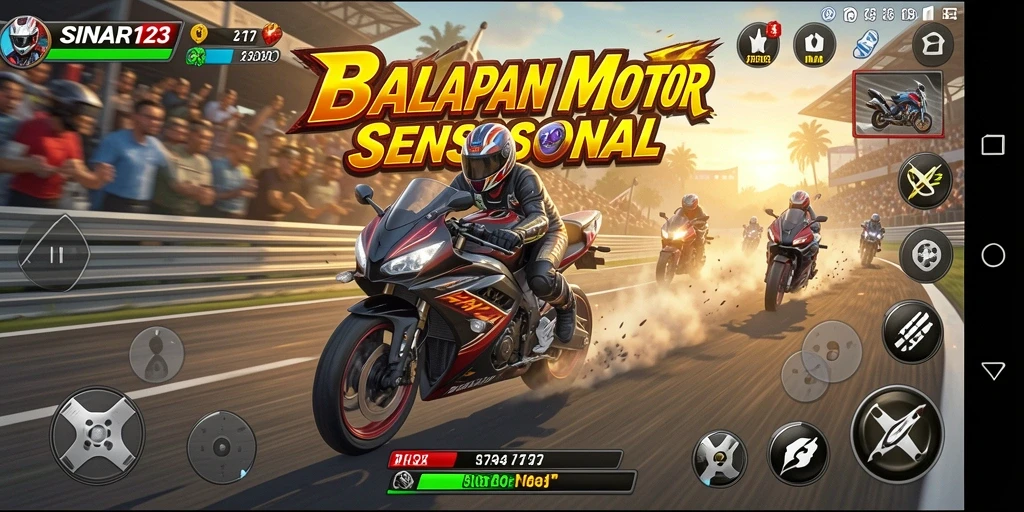 Screenshot gameplay SINAR123 menampilkan adegan balapan motor yang mendebarkan.