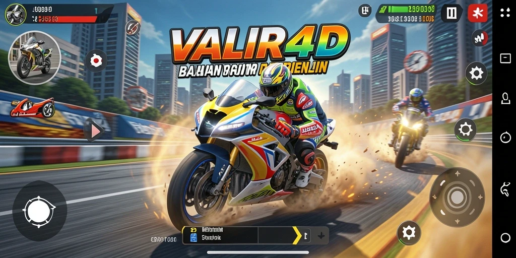 Screenshot utama VALIR4D menampilkan aksi seru balapan motor.